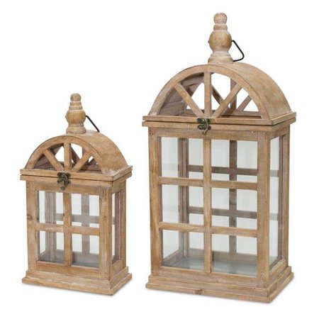MELROSE INTERNATIONAL Melrose International 82571DS 14.75 x 7.5 & 21.5 x 10.25 in. Wood & Glass Lantern - Brown; White & Silver - Set of 2 82571